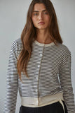 W2210 | Knit Sweater Acrylic Striped Crew Neck Cardigan: Natural Black / M
