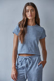 L8945T | Knit Polyester Cotton Striped Short Sleeve Top: Grey Blue / S