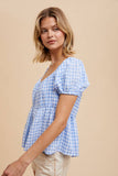 GINGHAM BABYDOLL TOP W/ HOOK & EYE: POWDER BLUE / M