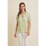 LIGHTWEIGHT STRIPE FLARE PEASANT BLOUSE WITH PUFF SLEEVES: SKY BLUE / M