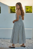 L6998 | Striped Tube Neck Strapless Flare Maxi Dress: Dusty Blue / S