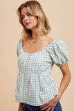 GINGHAM BABYDOLL TOP W/ HOOK & EYE: NATURAL LINEN / M