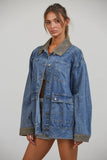 JK3737 Alex Contrast Collar Denim Barn Jacket: DENIM BLUE / S-M-L (3-2-1)