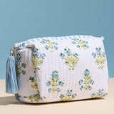 Light Blue Quilted Floral Cosmetic Pouch – Zipper Makeup Bag with Tassel: LBL / ONE