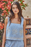 L9640T | Woven Linen Cotton Embroidered Sleeveless Top: Lavender Blue / S