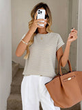 Striped Short Sleeve Knit Top: Beige / S