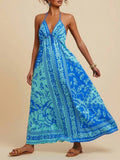 Bohemia totem printed resort open-back strappy sundress: Blue / XS