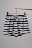 HIGH WAIST ELASTIC WAIST BAND DRAWSTRING STRIPE SHORTS: WHITE-DENIM STRIPE / M