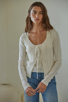 W1473 | Front Tie Strap Long Sleeve Cardigan Top: Cream / L