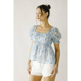 JT6166- TOILE FLORAL PRINT BABY DOLL TOP: WHITE BLUE FLORAL / L