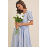 EMBROIDERED GINGHAM MIDI DRESS WITH PUFF SLEEVES: POWDER BLUE / L