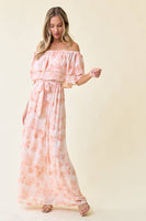 Chiffon Floral Off Shoulder Dress - 26177D: S / Blush