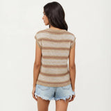 Sleeveless Striped Knit Top with Shoulder Button Detail and Relaxed Fit: Black / Medium 8-10
