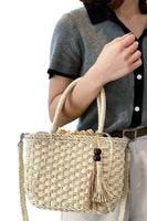 Braided Basket Weave Rattan Crossbody Beach Bag: Beige