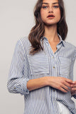 Relaxed Fit Vertical Striped Rayon Button Down Shirt: BLUE / S-2/M-2/L-2