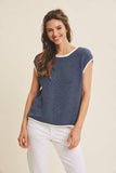 CONTRAST ROLLED EDGE KNITTED SWEATER VEST WITH ROUND NECK: NILE BLUE / M