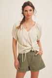 LIGHTWEIGHT STRIPE FLARE PEASANT BLOUSE WITH PUFF SLEEVES: SKY BLUE / S