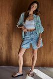 L5611 | Woven Cotton Collar Neck Button Front Long Sleeve: Blue / S