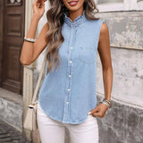 Denim Sleeveless Button Down Shirt: Blue / M