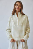 HSW1288 Preppy Californian Half-zip Striped Sweater-Ecru: ECRU / S-M-L (3-2-1)