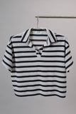 COLLARED NECK SHORT SLEEVE STRIPE BOX TOP: WHITE-DENIM STRIPE / M
