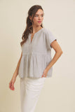 DROP SHOULDER SPLIT NECK STRIPE PEPLUM TOP: CORAL / L