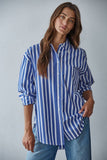 LAR1050 | Woven Cotton Striped Button Down Shirt Top: Blue White / M