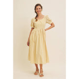 EMBROIDERED GINGHAM MIDI DRESS WITH PUFF SLEEVES: POWDER BLUE / L