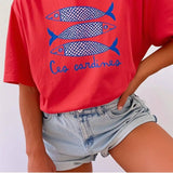 Les Sardines Print Women T-Shirt: Khaki / S