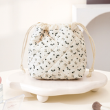 Patterned Quilted Drawstring Cosmetic Bag: Pink Bow