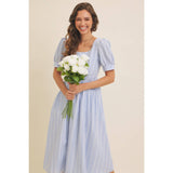 EMBROIDERED GINGHAM MIDI DRESS WITH PUFF SLEEVES: POWDER BLUE / S