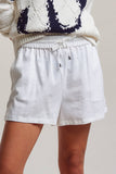 Linen Blend Elastic Waist Drawstring Shorts: White / S-M-L:2-2-2