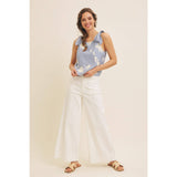ROMANTIC EMBROIDERY BLOUSE TOP WITH BOW STRAPS: DUSTY BLUE / L