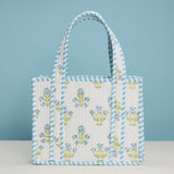Blue Floral Quilted Mini Tote Bag – Soft Fabric Everyday Carry Handbag: LBL / ONE