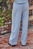 L9640B | Woven Linen Cotton Embroidered Wide Leg Pants: Lavender Blue / M