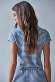 L8945T | Knit Polyester Cotton Striped Short Sleeve Top: Grey Blue / L