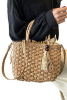 Braided Basket Weave Rattan Crossbody Beach Bag: Beige