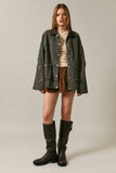 OVERSIZED WASHED BARN JACKET WITH LEATHER COLLAR: NAVY-DK BROWN / S