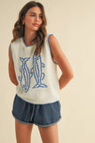 IT4194 FISH PRINTED SLEEVELESS SWEATER TOP: CREAM/BLUE / S