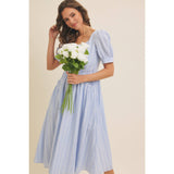 EMBROIDERED GINGHAM MIDI DRESS WITH PUFF SLEEVES: POWDER BLUE / S