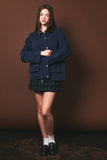 OVERSIZED WASHED BARN JACKET WITH LEATHER COLLAR: NAVY-DK BROWN / XS