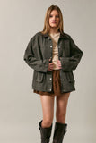 OVERSIZED WASHED BARN JACKET WITH LEATHER COLLAR: NAVY-DK BROWN / L
