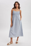 STRIPED SELF SHOULDER TIE MIDI DRESS / WL25-11446: BLUE/WHITE / M