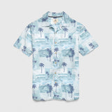 Billy s/s camp collar postcard wavy printed shirt: L / Stone blue