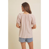 LIGHTWEIGHT STRIPE FLARE PEASANT BLOUSE WITH PUFF SLEEVES: SKY BLUE / S