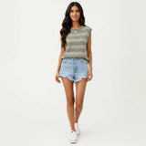 Sleeveless Striped Knit Top with Shoulder Button Detail and Relaxed Fit: Black / Small 4-6