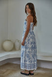 L9240 | Woven Cotton Rayon Floral Smocked Strapless Midi: Ivory Blue / L