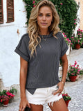 Striped Textured Round Neck Short Sleeve T-Shirt: White / XL 16-18