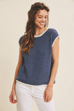 CONTRAST ROLLED EDGE KNITTED SWEATER VEST WITH ROUND NECK: NILE BLUE / L