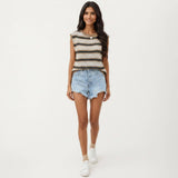 Sleeveless Striped Knit Top with Shoulder Button Detail and Relaxed Fit: Black / Small 4-6